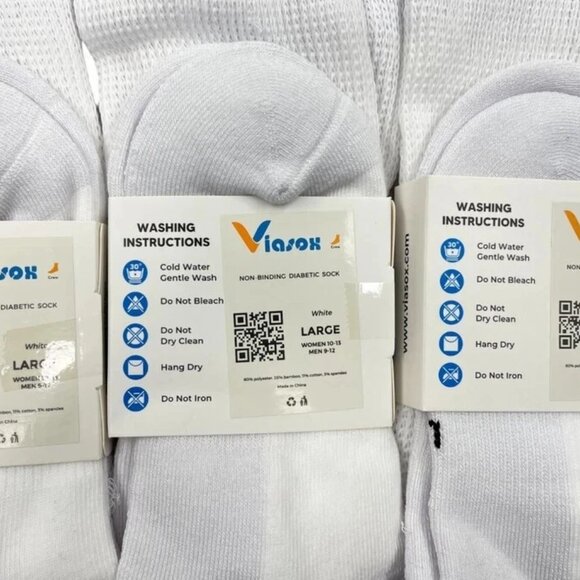 3 Pair Viasox Diabetic Easy Stretch Crew Socks Men's 9-12 Women's 10-13 Large - Picture 2 of 3